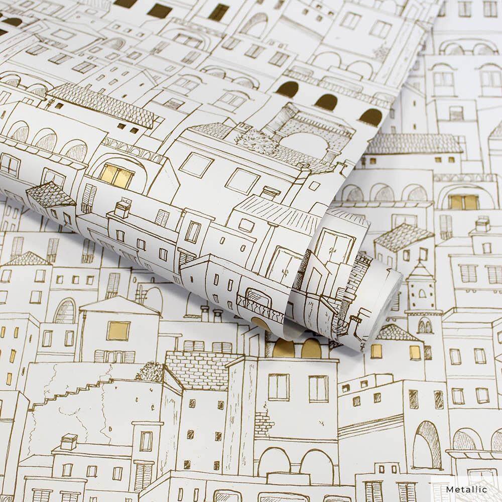 White and Gold Vinyl Peel and Stick Wallpaper Roll