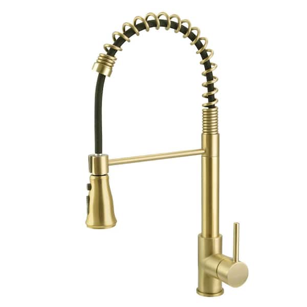 AIMADI Single Handle Pull Down Sprayer Kitchen Faucet with Advanced Spray Single Hole Brass Kitchen Basin Taps in Brushed Gold