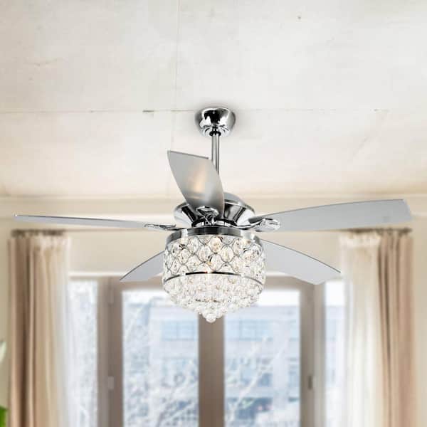 Modern 52 in. Indoor Chrome Downrod Mount Crystal Chandelier Ceiling Fan with Light and Remote Control