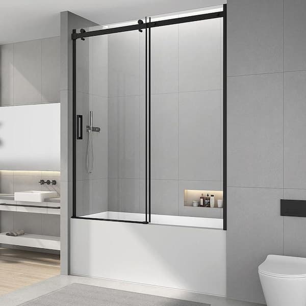 59 2/8 in. W x 60 in. H Single Sliding Frameless Tub Door in Matte Black with Clear Tempered Glass