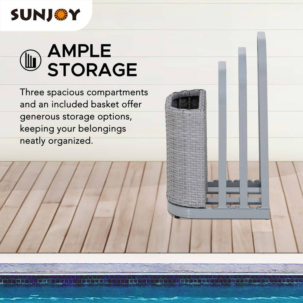 Gray Aluminum and Wicker Poolside Towel Rack with Storage Basket
