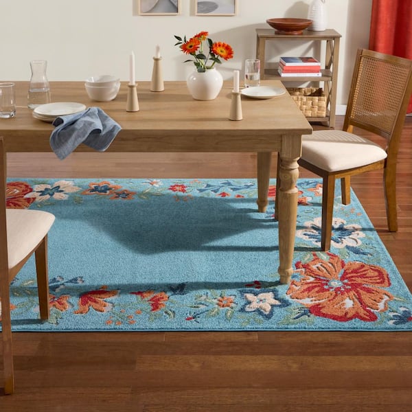 Hibiscus Bloom Bordered Light Blue/Red 3 ft. x 5 ft. Floral Modern Indoor/Outdoor Patio Area Rug