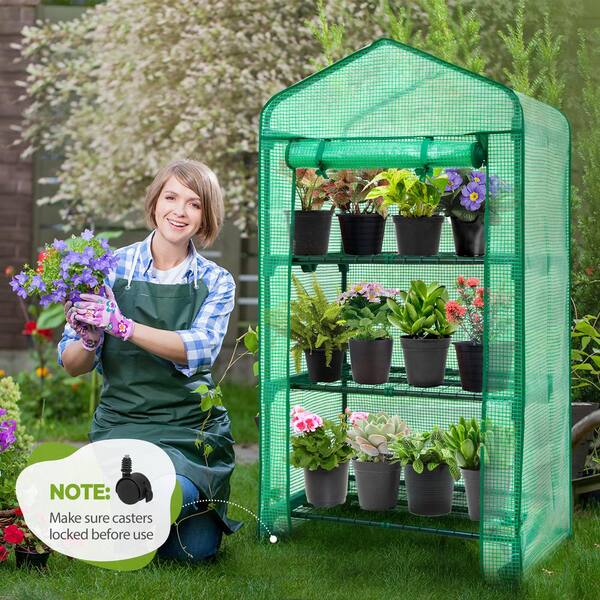 Green Mini Greenhouse with Casters 4 Tier Portable Green House Plant Shed Gardening Plant for Outdoor & Indoor with Roll-Up Zipper Door 