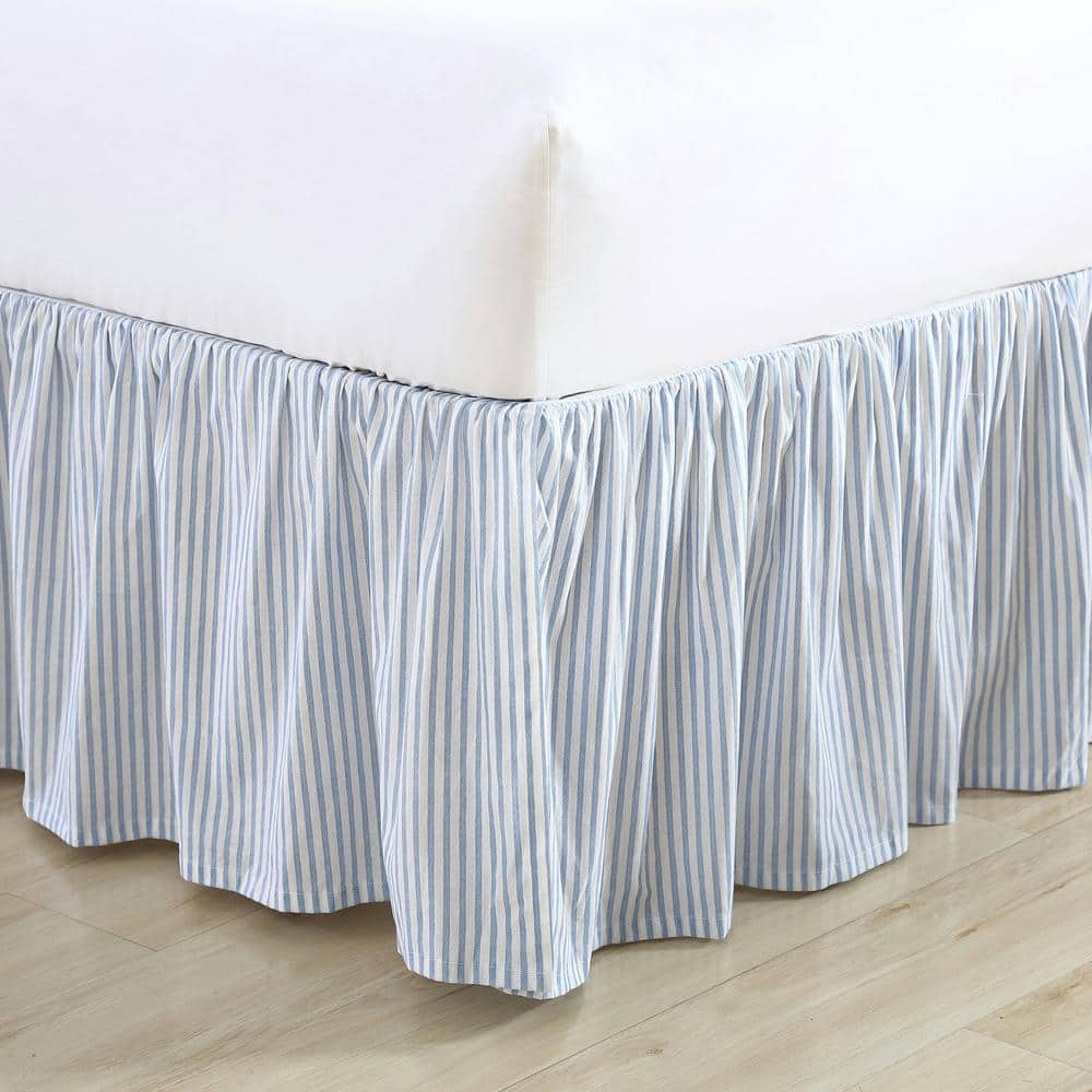 Blue and White Cotton Ruffled Queen Bed Skirt