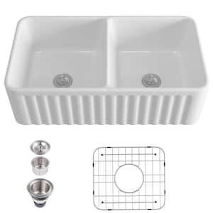 White Fireclay 32.75 in. Grooves Double Bowl Farmhouse Apron Kitchen Sink with Basin Rack and Strainer Basket