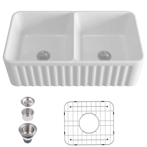 Boyel Living White Fireclay 32.75 in. Grooves Double Bowl Farmhouse Apron Kitchen Sink with Basin Rack and Strainer Basket