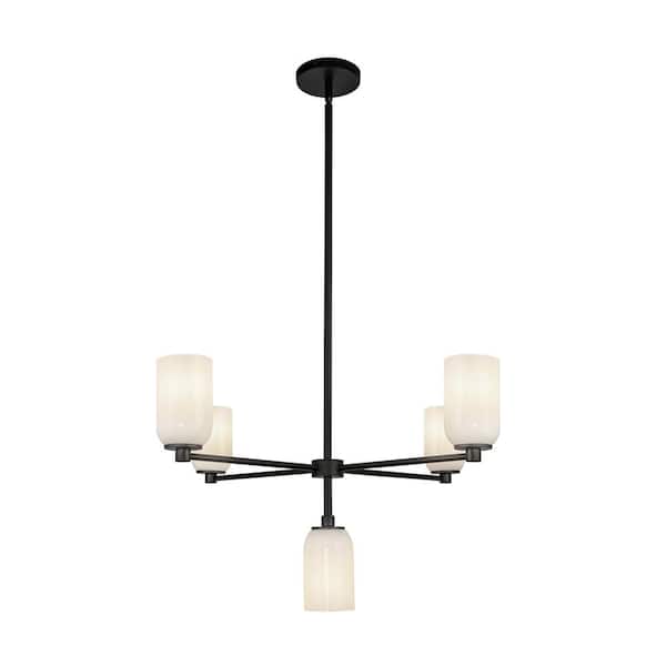 KUZCO Nola 31 in. 5 Light 40-Watt Black/Glossy Opal Glass Chandelier