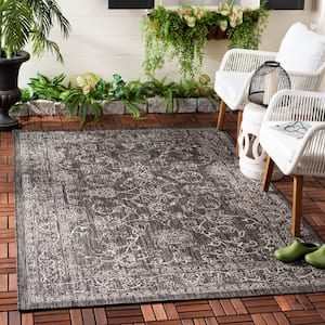 Courtyard Black/Ivory Doormat 2 ft. x 4 ft. Border Floral Scroll Indoor/Outdoor Area Rug