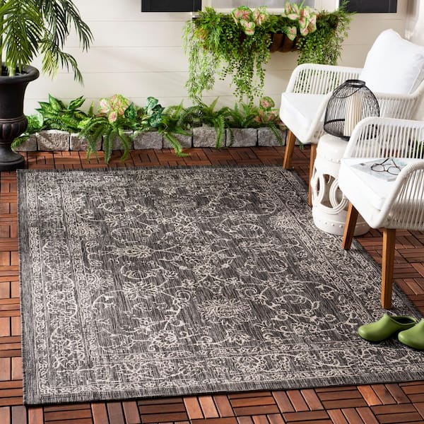 Courtyard Black/Ivory Doormat 2 ft. x 4 ft. Border Floral Scroll Indoor/Outdoor Area Rug