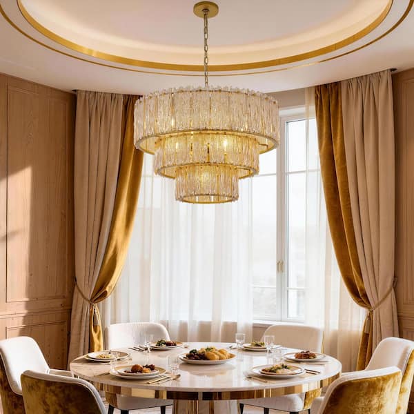 KAWOTI 8-Light Gold 3-Tiered Chandelier Light Fixture with Amber