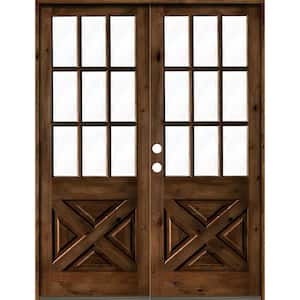 64 in. x 96 in. Knotty Alder 2-Panel Right-Hand/Inswing Clear Glass Provincial Stain Double Wood Prehung Front Door