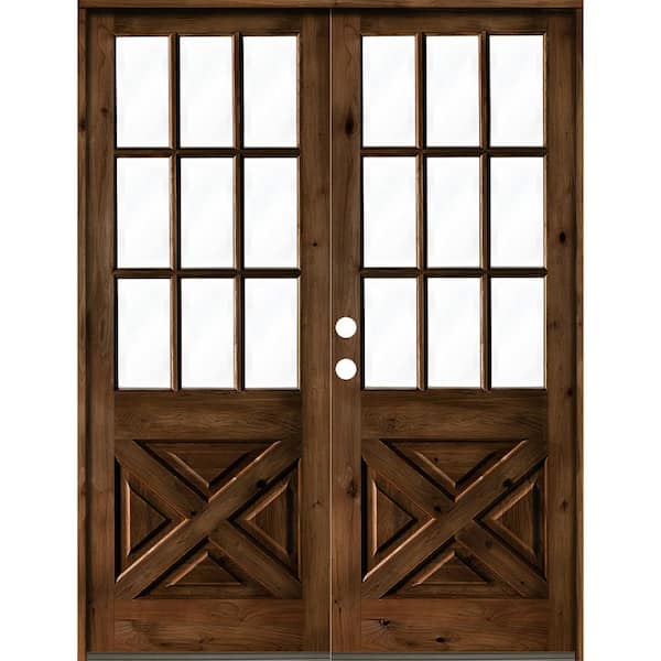 Krosswood Doors 64 in. x 96 in. Knotty Alder 2-Panel Right-Hand/Inswing Clear Glass Provincial Stain Double Wood Prehung Front Door