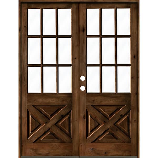 Krosswood Doors 72 in. x 96 in. Knotty Alder 2-Panel Right-Hand/Inswing Clear Glass Provincial Stain Double Wood Prehung Front Door