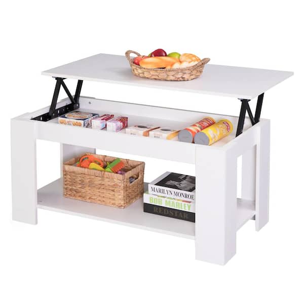 Basicwise 40 in. White Medium Rectangle Wood Coffee Table with Lift Top