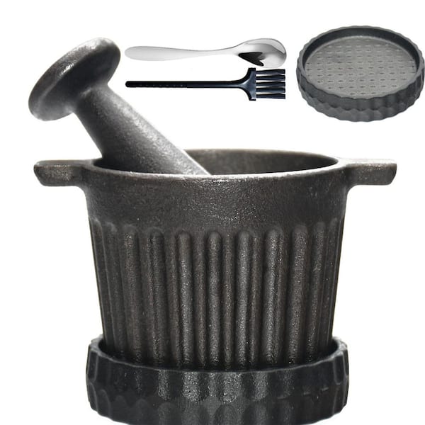 Heavy-Duty Cast Iron Black Mortar and Pestle Set with Garlic Grater Plate, Brush, Spoon for Spices and Pesto
