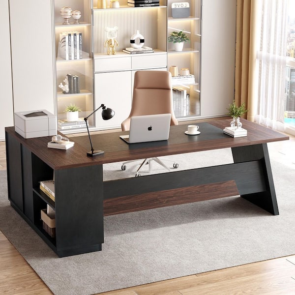 Capen 78.7 in. L Shape Walnut and Black Wood 2-Drawer Executive Desk, Modern Computer Desk with Lateral File Cabinet