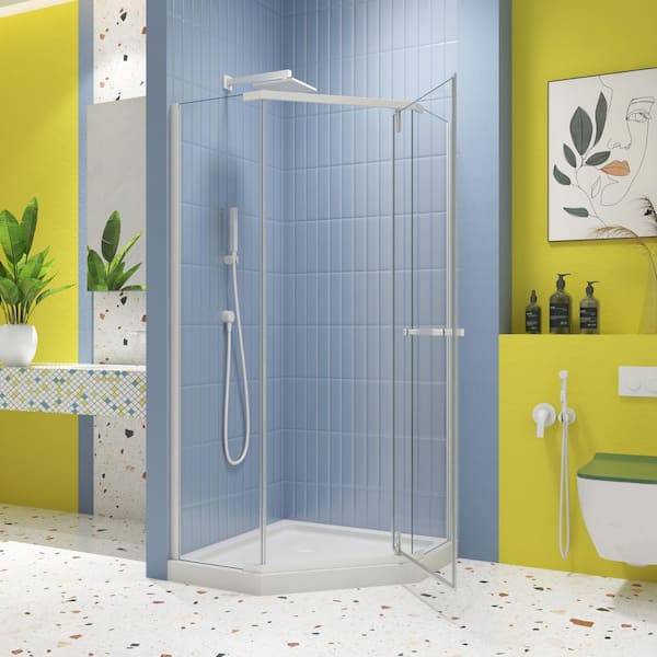 35.56 in. W x 72 in. H Neo Angle Pivot Semi Frameless Corner Shower Enclosure in White Finish with Clear Tempered Glass