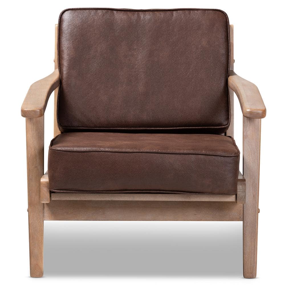 Dark Brown Faux Leather and Oak Mid-Century Accent Chair