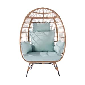 Light Blue Wicker Outdoor/Indoor Egg Lounge Chair with 5 Beige Cushions and Steel Frame for Patio, Backyard, Living Room