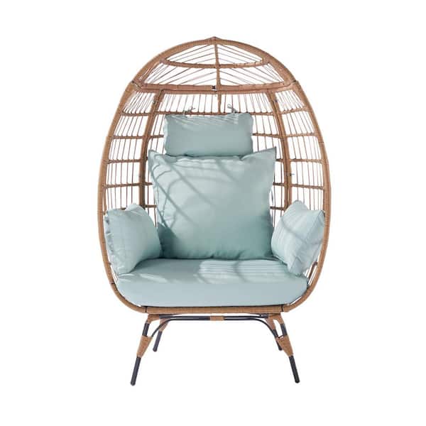 ITOPFOX Light Blue Wicker Outdoor/Indoor Egg Lounge Chair with 5 Beige Cushions and Steel Frame for Patio, Backyard, Living Room