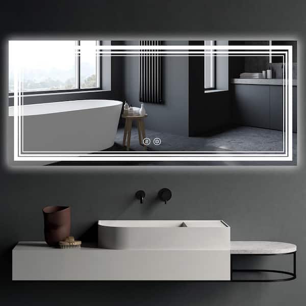 FNEEHY 48 in. W x 24 in. H Large Rectangular Frameless Front and Backlit Dimmable Bathroom Vanity Mirror in Shatterproof Glass, Silver