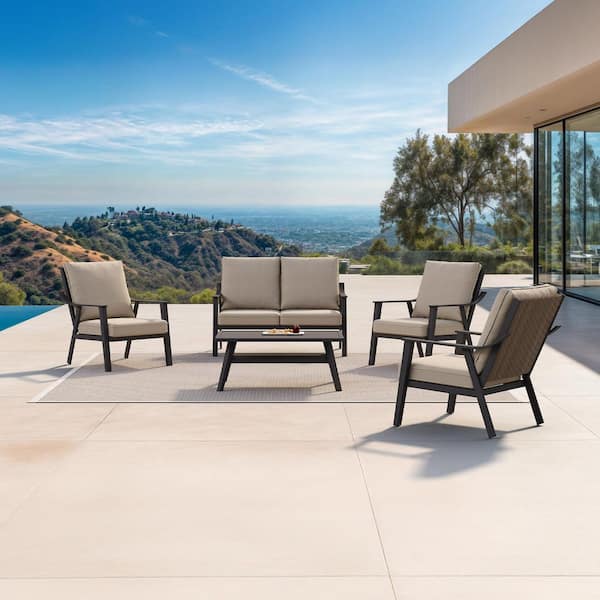 PURPLE LEAF 5 Pcs Patio Furniture Set with Thick Cushion Metal Patio Conversation Sets with 2 Armchairs & 2 Loveseats & Coffee Table