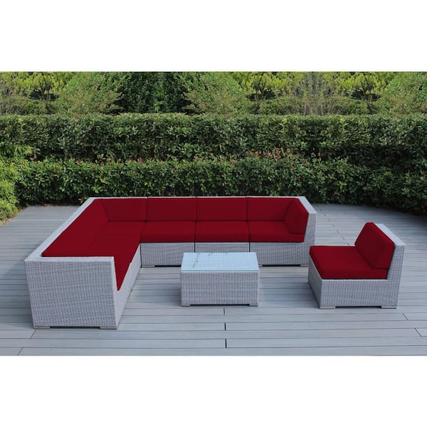 Ohana Depot Ohana Gray 8-Piece Wicker Patio Seating Set with Supercrylic Red Cushions