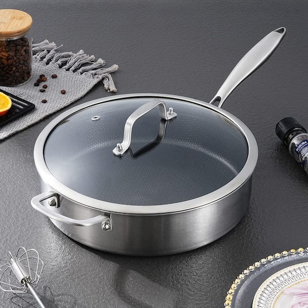 7 qt. Tri-Ply Stainless Steel Nonstick Saute Pan with Lid 12.5 in. Deep Large Skillet Dishwasher Oven Safe