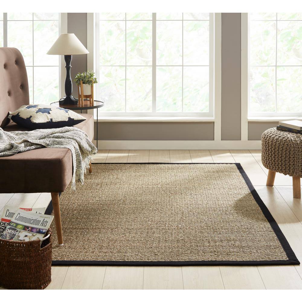 Natural Seagrass Area Rug with Black Cotton Border, 5'x7'