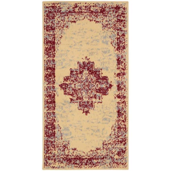 Nourison Grafix Cream/Red doormat 2 ft. x 4 ft. Persian Medallion Transitional Kitchen Area Rug