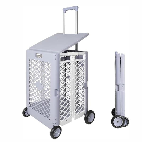 Zeus & Ruta Gray 2 cu. ft. Folding Utility Plastic Wagon Garden Cart with Lid Rolling Crate, Telescopic Handle for Shopping