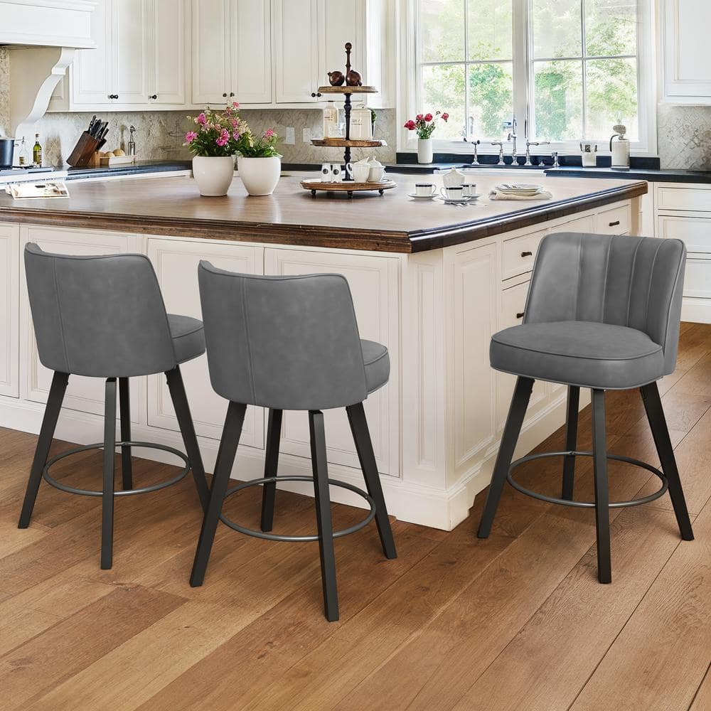 Paul 26 in. Dark Gray Modern Faux Leather 360° Swivel High Back Barstool Solid Wood Counter Height stool Set of 3 price history on PriceWatchPro