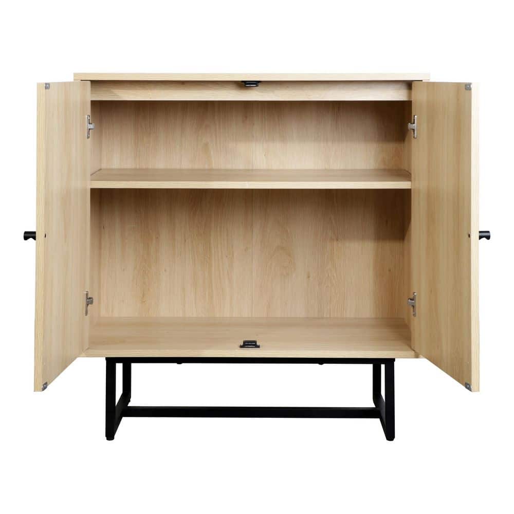 Light Oak and Matte Black Freestanding Cabinet with Adjustable Shelving