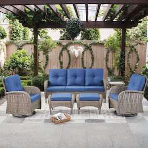 Carlos 6-Piece Gray Wicker Outdoor Conversation Swivel Chair Set Patio Sofa Set with Blue Cushions and Ottomans