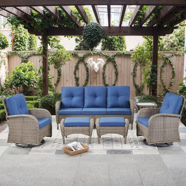 Carlos 6-Piece Gray Wicker Outdoor Conversation Swivel Chair Set Patio Sofa Set with Blue Cushions and Ottomans