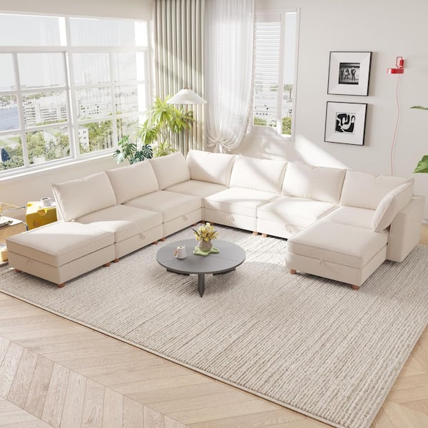 Oberon 127.56 in. 8-Piece Fabric Upholstered Modular Convertible Sectional Sofa in. Beige with Storage, 2 Ottomans
