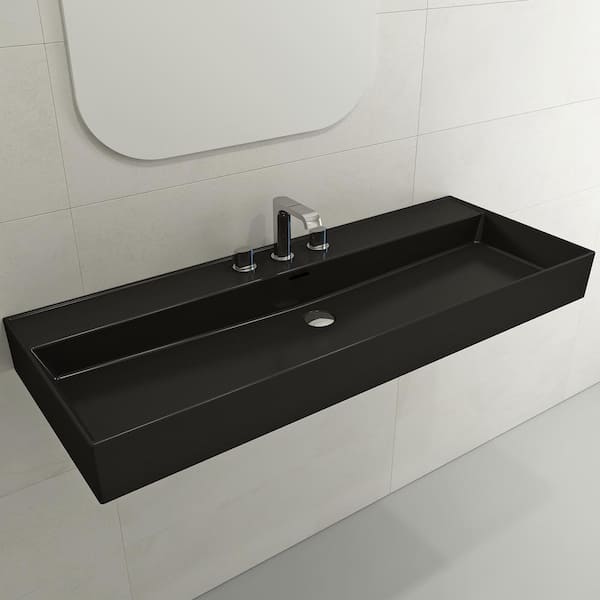 BOCCHI Milano Matte Black 47.75 in. 3-Hole Wall-Mounted Fireclay Rectangular Vessel Sink with Overflow