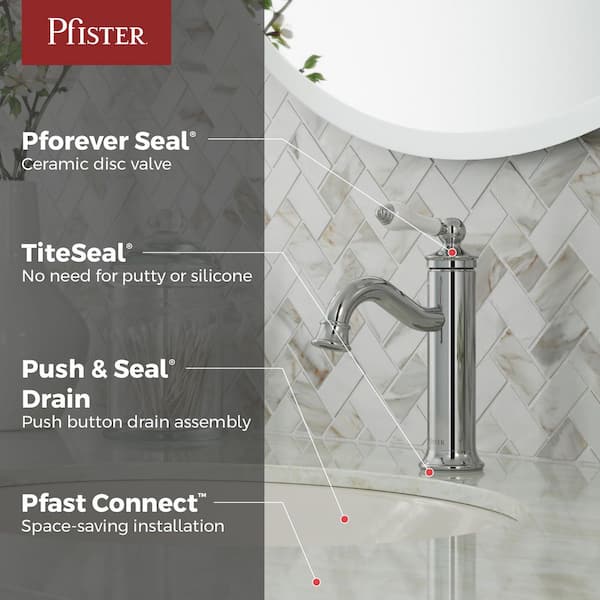 Courant Single-Handle Single Hole Bathroom Faucet with Deckplate and Drain Kit in Polished Chrome with Porcelain Handle