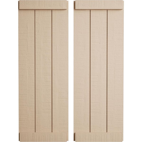 Ekena Millwork 16.5 in. x 52 in. Timberthane Polyurethane 3-Board Joined Board-n-Batten Rough Cedar Faux Wood Shutters, End Batten Pair
