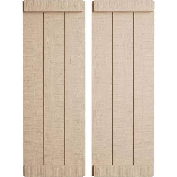 Ekena Millwork 16.5 in. x 80 in. Timberthane Polyurethane 3-Board Joined Board-n-Batten Rough Cedar Faux Wood Shutters, End Batten Pair