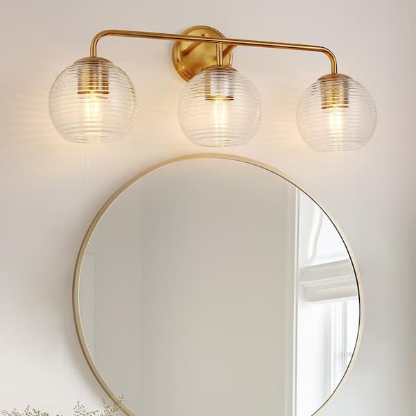 25 in. Gold 3-Light Vanity Light with Globe Textured Glass Shades, Over Mirror Fixture for Modern Bathroom or Entryway
