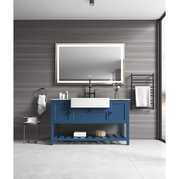 EAKYHOM 60 in. W x 36 in. H Large Rectangular Framed LED Light Anti-Fog Wall Bathroom Vanity Mirror in Gold