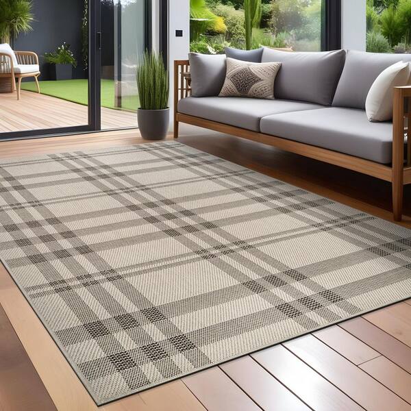 Coastal Gray/Beige 8 ft. x 10 ft. Plaid Washable Easy Jute Modern Indoor Outdoor Area Rug