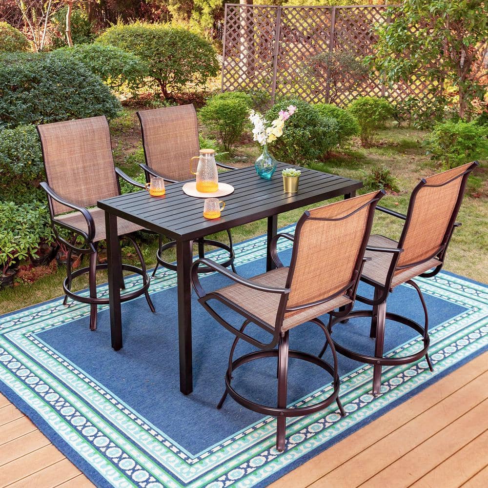 PHI VILLA 5-Piece Metal Rectangle Outdoor Bar Height Dining Set with ...