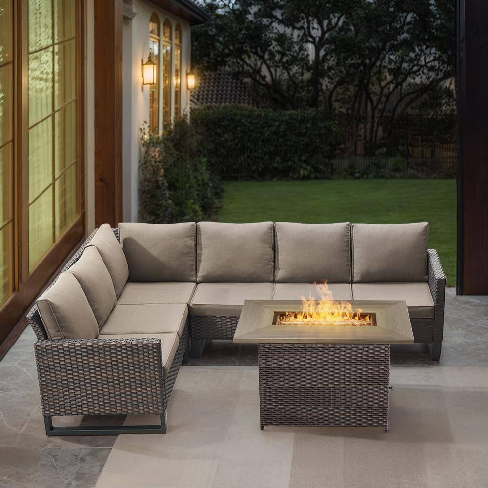U-Weave 4-Piece Brown Wicker Outdoor Rectangular Fire Pit Conversation Set with Gray Cushions and Sectional Sofa price history on PriceWatchPro