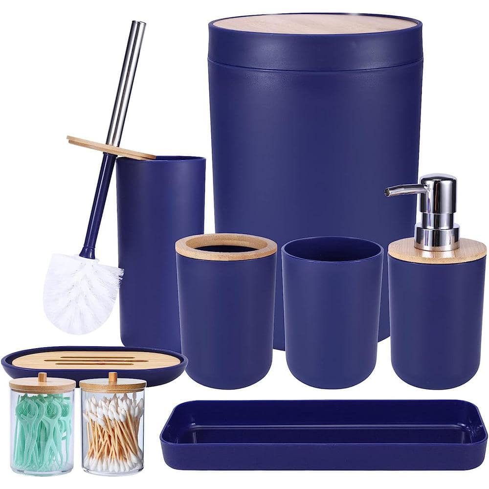 Dyiom 8-Pieces Blue Bathroom Accessories Set - with Trash Can Toothbrush Holder Soap Dispenser Soap and Lotion Set Tumbler Cup