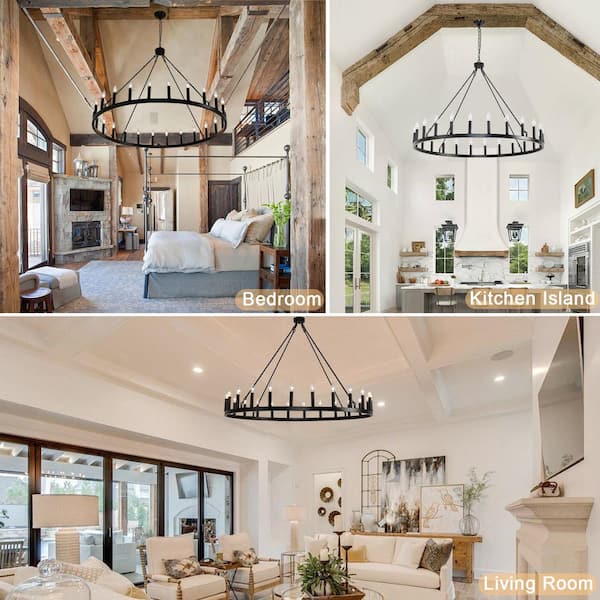 NILSE 24-Inch Wagon Wheel Chandelier - 8-Light Black Farmhouse Industrial Lighting