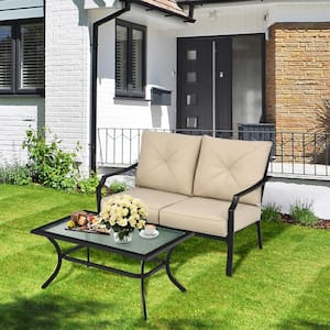2-Piece Black Metal Outdoor Loveseat Set Cushioned Patio Bench Sofa with Coffee Table with Beige Cushion