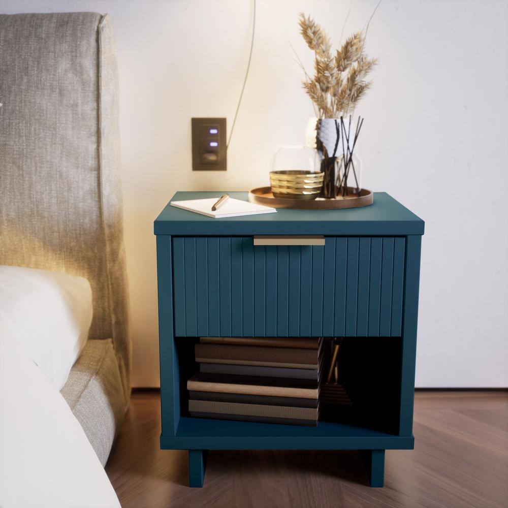 Granville Midnight Blue Modern 1-Drawer Nightstand with Ribbed Detail