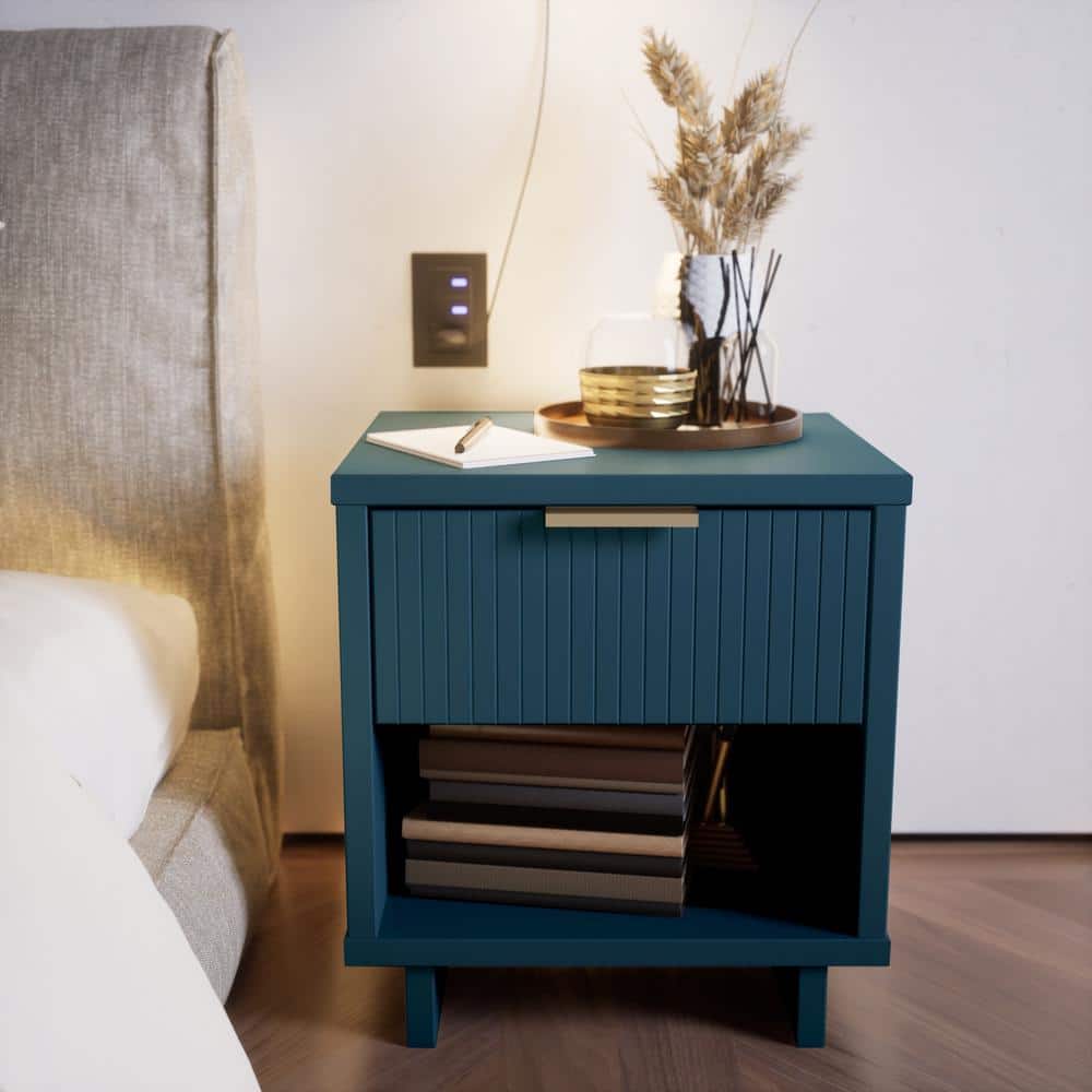 Granville Midnight Blue Modern 1-Drawer Nightstand with Ribbed Detail